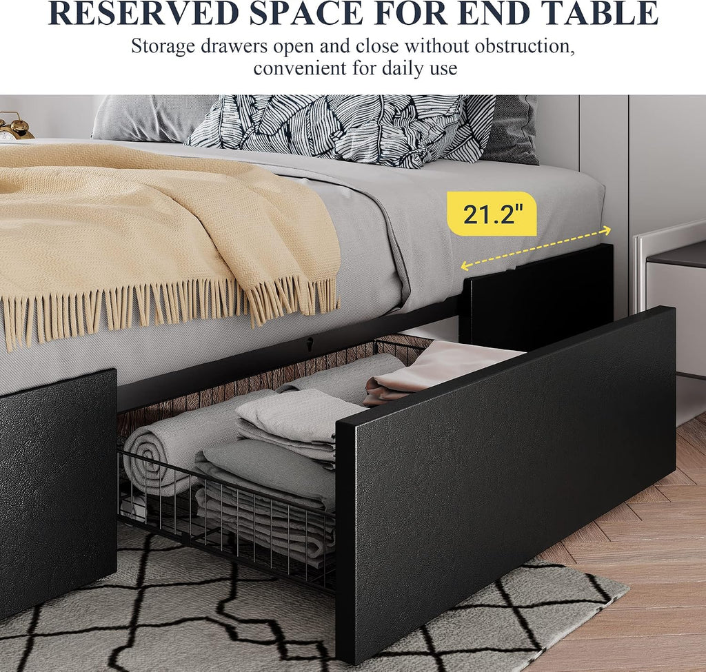 Allewie Full Size Platform Bed Frame with 3 Storage Drawers, Faux Leather Upholstered, Wooden Slats Support, No Box Spring Needed, Easy Assembly, Black