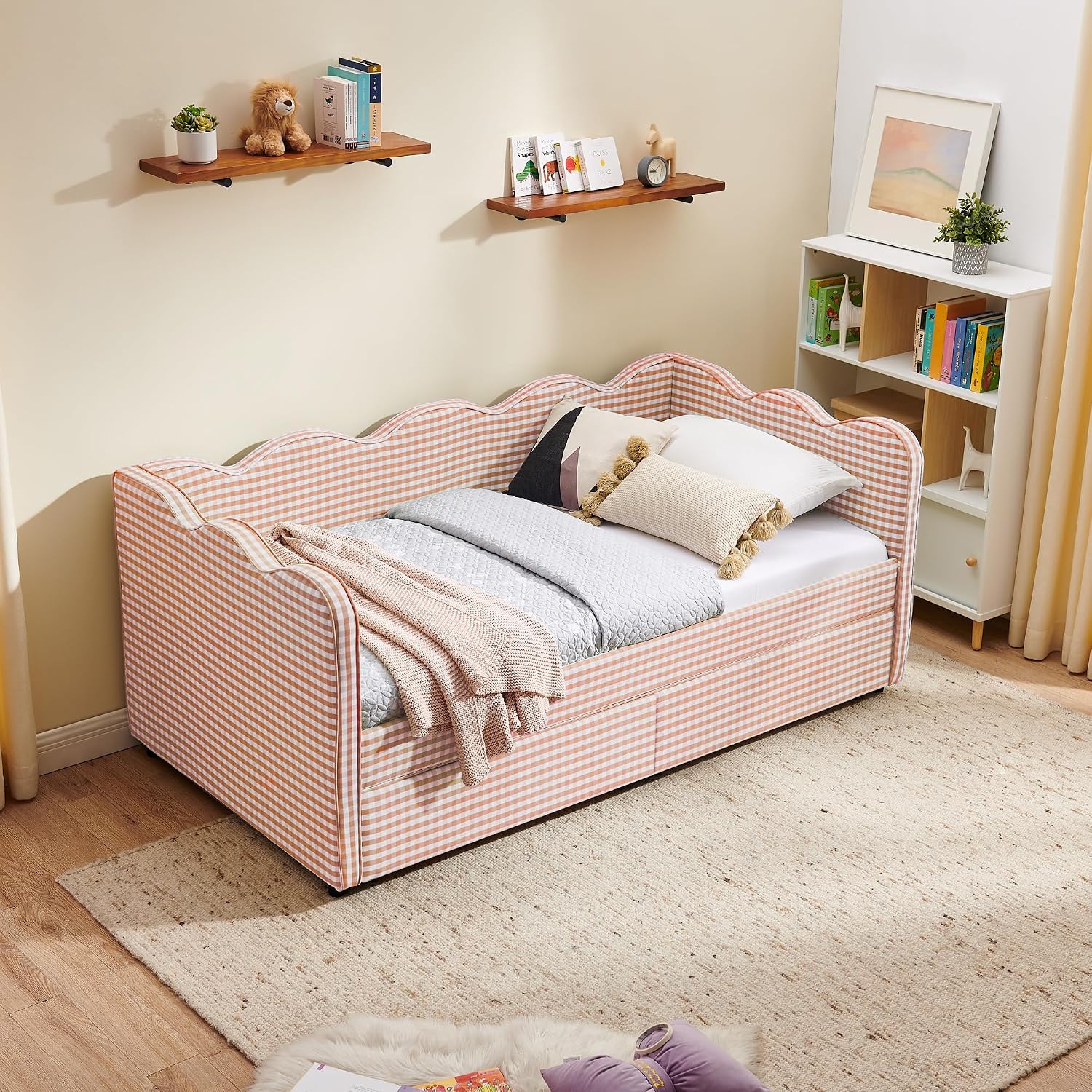 DEINPPA Twin Size Upholstered Daybed with 2 Storage Drawers, Gingham Daybed with USB Ports for Bedroom Living Room Guest Room-Pink