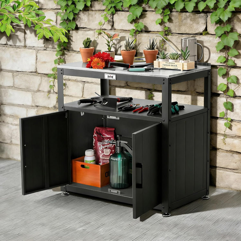 Feasto Heavy-Duty Potting Bench with Storage & Stainless Steel Top | Outdoor Garden Work Table with 200lb Capacity, Adjustable Shelf & Feet, Black