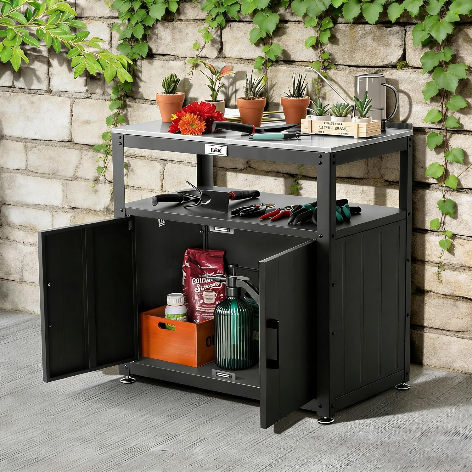 Feasto Heavy-Duty Potting Bench with Storage & Stainless Steel Top | Outdoor Garden Work Table with 200lb Capacity, Adjustable Shelf & Feet, Black