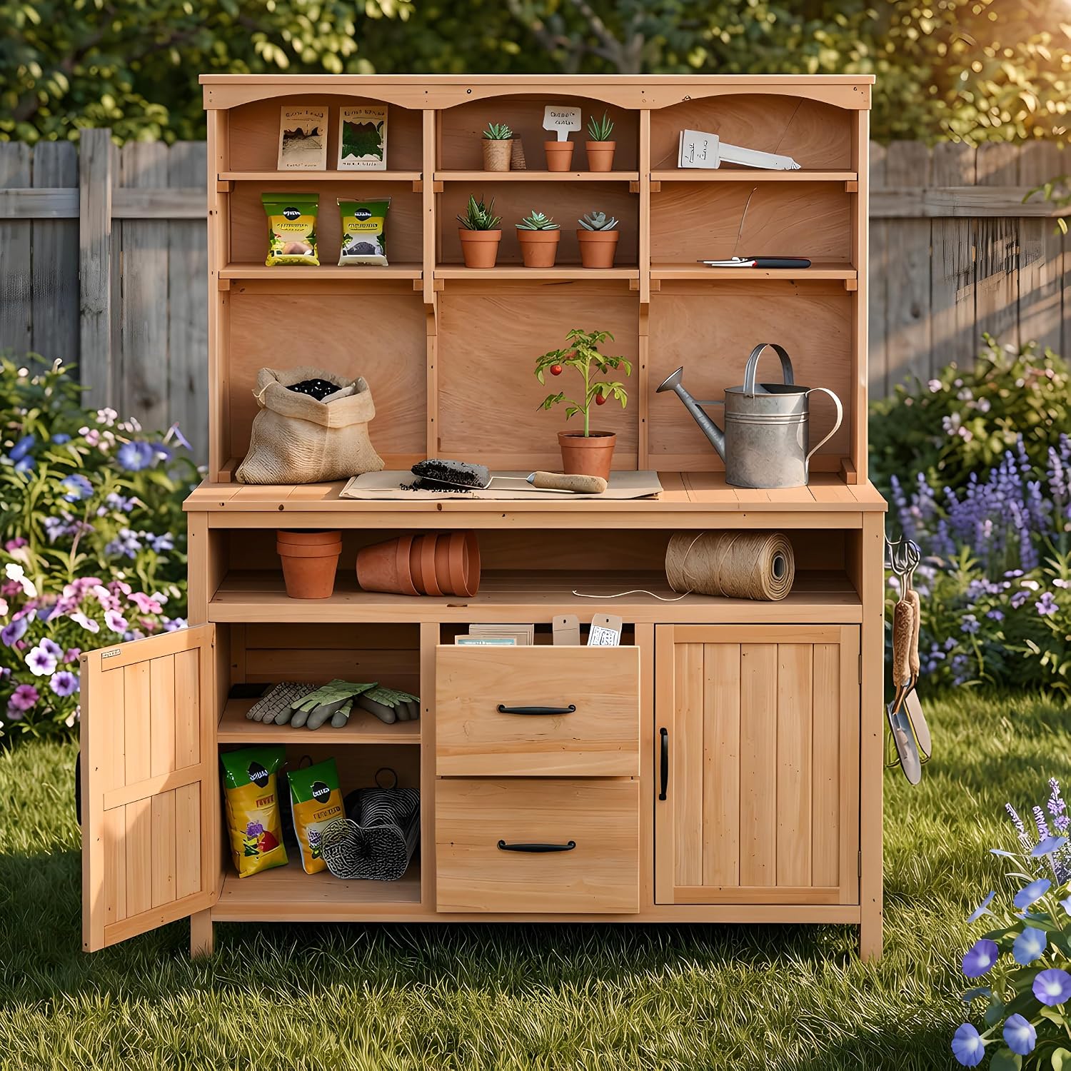 Polibi Large Fir Wood Potting Bench 45.3' Outdoor Patio Kitchen Island with Hutch, Cabinets, Drawers & Hooks, Multi-Functional Gardening Workbench for Grill, Natural Wood