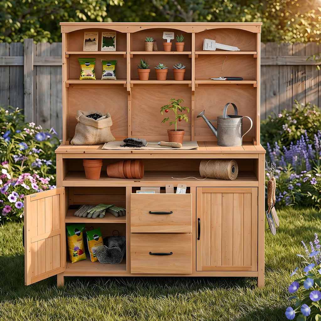 Large Fir Wood Potting Bench, 45.3''L Multi-Functional Outdoor Patio Kitchen Island with Hutch,Drawers & Hooks, Large Countertop for Gardening, Grill (Natural-h)