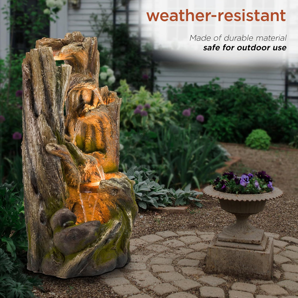 Alpine Corporation WIN1520 59' Indoor/Outdoor Floor 5-Tiered Tree Bark Water Fountain, Cascading Mossy Wood Waterfall Feature for Garden, Patio, and Yard, Brown