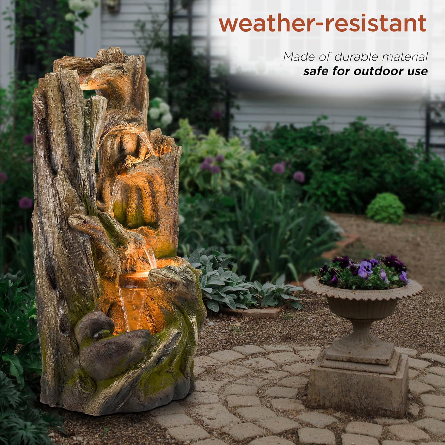 Alpine Corporation WIN1520 59' Indoor/Outdoor Floor 5-Tiered Tree Bark Water Fountain, Cascading Mossy Wood Waterfall Feature for Garden, Patio, and Yard, Brown
