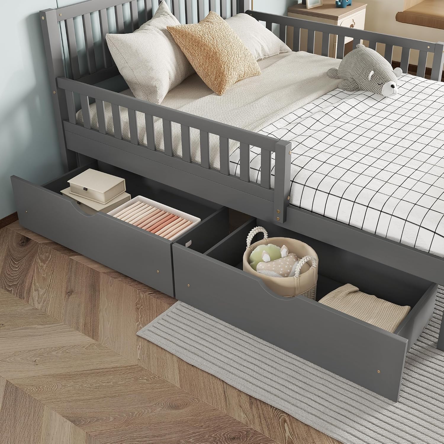 Bellemave Kids Full Size Bed Frame with Storage Drawers, Wood Full Bed Frames for Kids, Full Bed Frame with Headboard and Footboard for Boys Girls, No Box Spring Needed,Gray