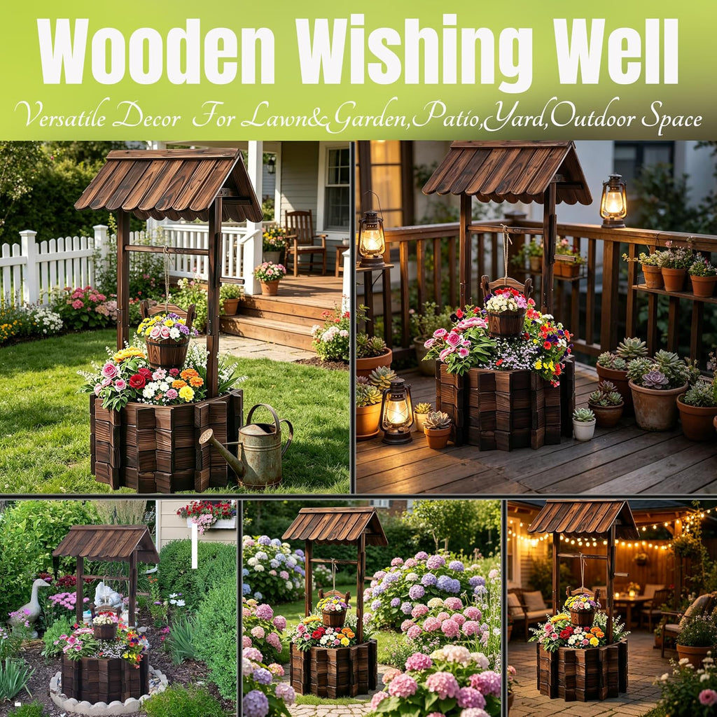 NestNature 21.75' Carbonized Wooden Wishing Well Planter for Outside, Rustic Outdoor Wishing Well with 4 Reinforced Rods & Hanging Bucket, Decorative Well Cover for Yard Garden Patio Lawn Backyard