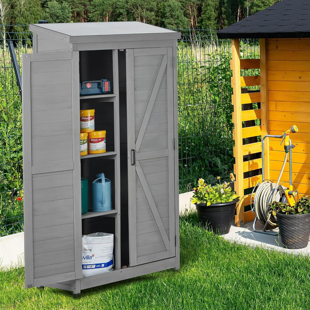 Tall Outdoor Storage Cabinet Waterproof Wood with Metal Top, Durable Patio Garden Shed for Tools, Backyard Deck and Balcony Organizer, Outside Hutch, 68-Inch Tall, Gray