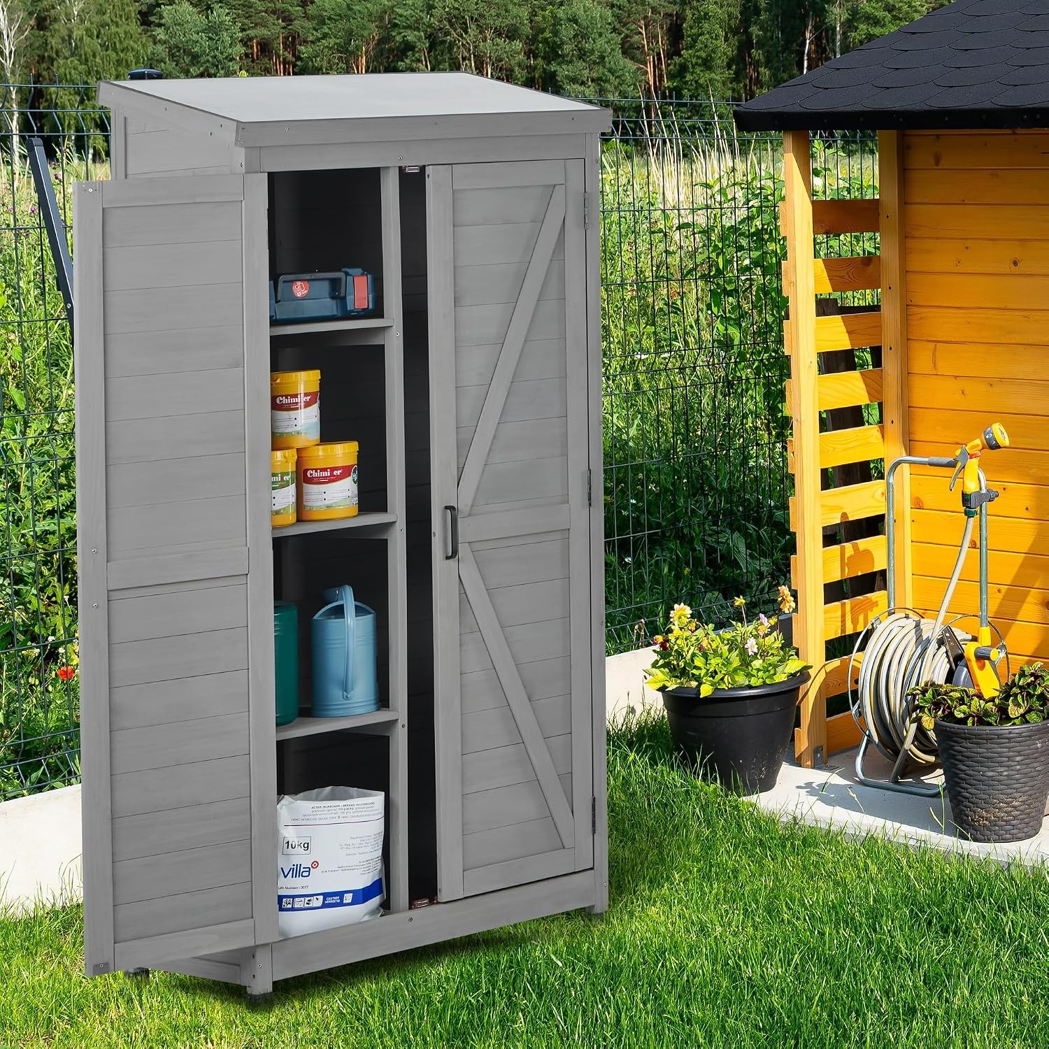 Tall Outdoor Storage Cabinet Waterproof Wood with Metal Top, Durable Patio Garden Shed for Tools, Backyard Deck and Balcony Organizer, Outside Hutch, 68-Inch Tall, Gray