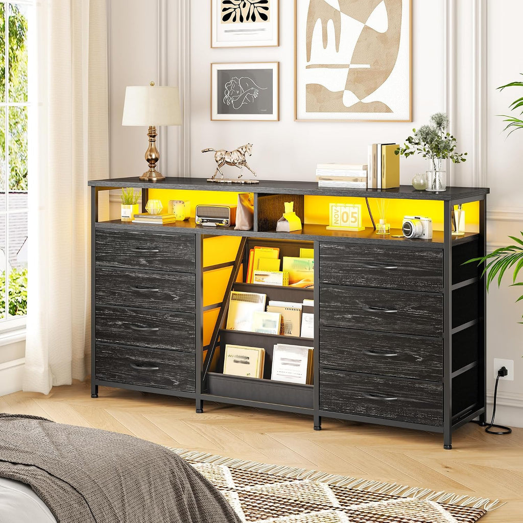 EnHomee 55 ' W Dresser for Bedroom with Bookrack & 8 Fabric Drawers, Dresser TV Stand with Power Outlet & LED Lights for 65 Inch TV, Chest of Drawers for Cabinet, Entryway, Charcoal Black