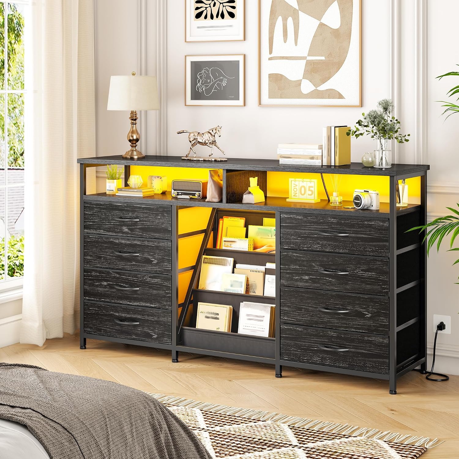 EnHomee 55 ' W Dresser for Bedroom with Bookrack & 8 Fabric Drawers, Dresser TV Stand with Power Outlet & LED Lights for 65 Inch TV, Chest of Drawers for Cabinet, Entryway, Charcoal Black