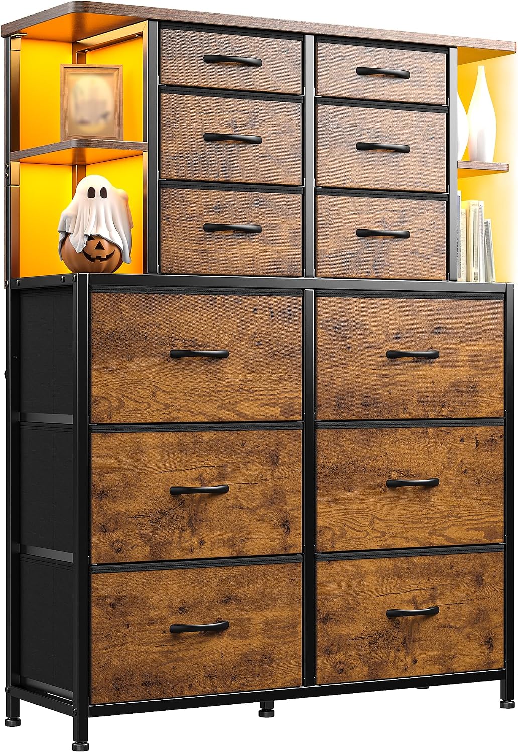 Dresser for Bedroom with 12 Drawers & LED Lights,4 Open Storage Shelves, Fabric Dressers & Chests of Drawers for Living Room, Entryway, Dorm, Wood Top,45.2' H x 35.4' W x 11.8' D, Rustic Brown