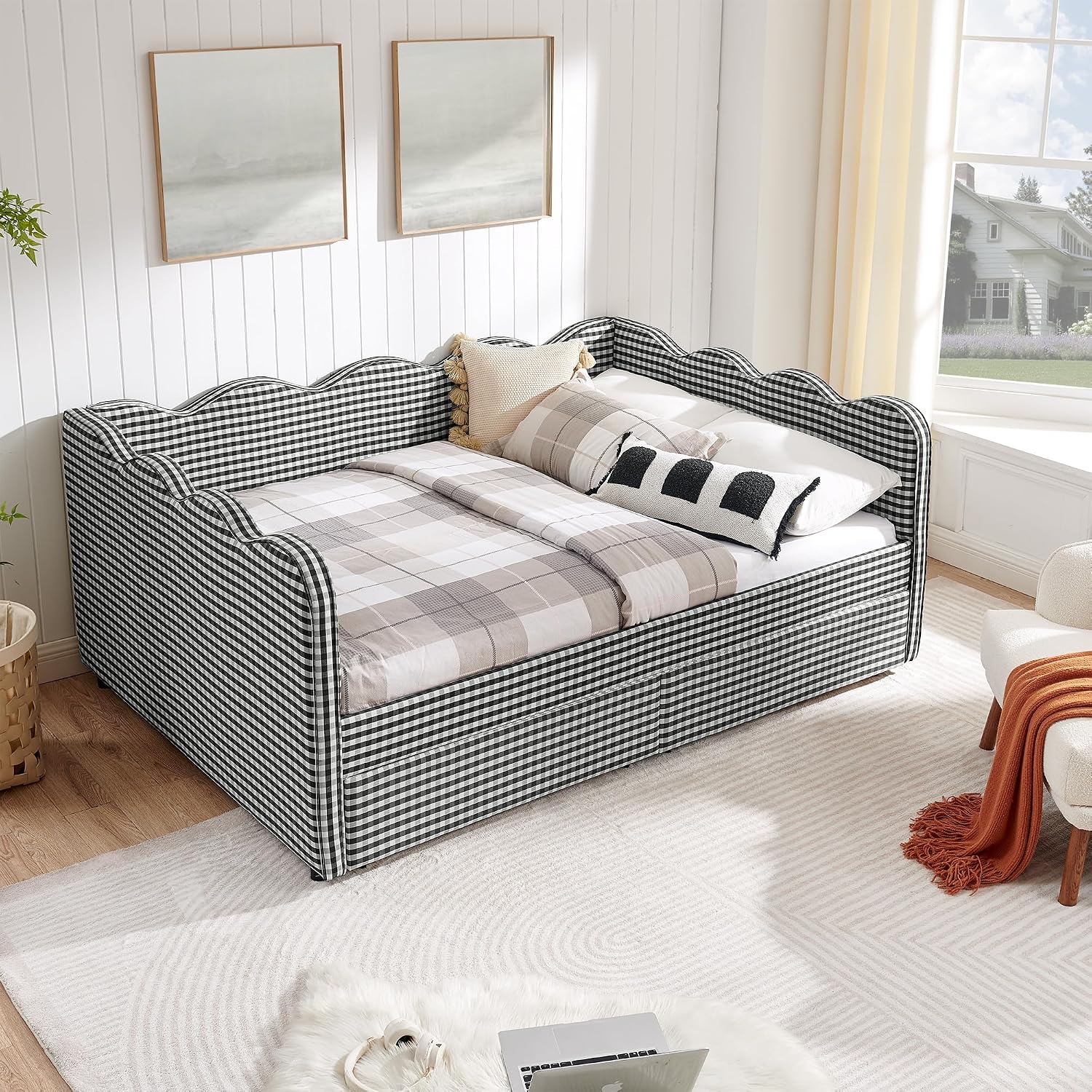 DEINPPA Full Size Upholstered Daybed with 2 Storage Drawers, Gingham Daybed with USB Ports for Bedroom Living Room Guest Room-Black