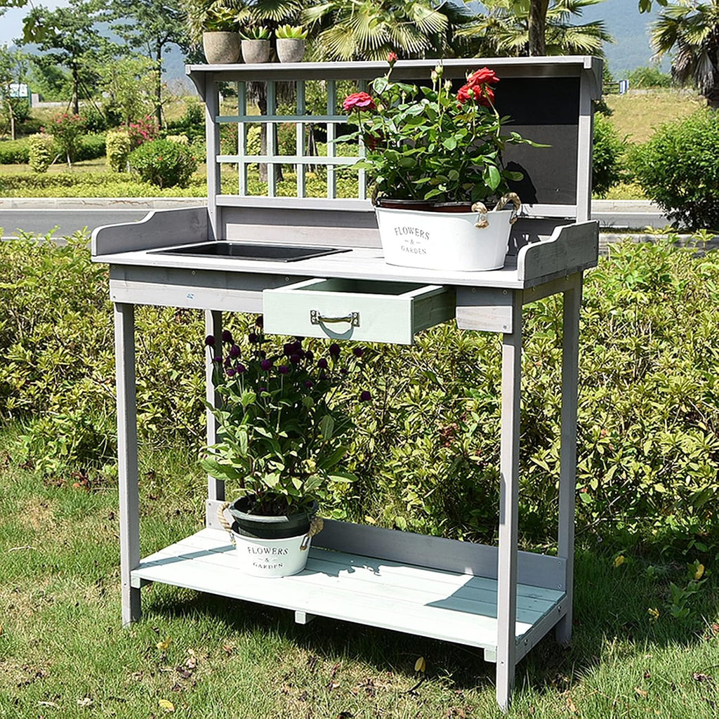Garden Potting Bench Table, Wooden Outdoor Garden Potting Bench with Sink, Drawer and Blackboard, Natural Fir Wood Gardening Workbench for Patios