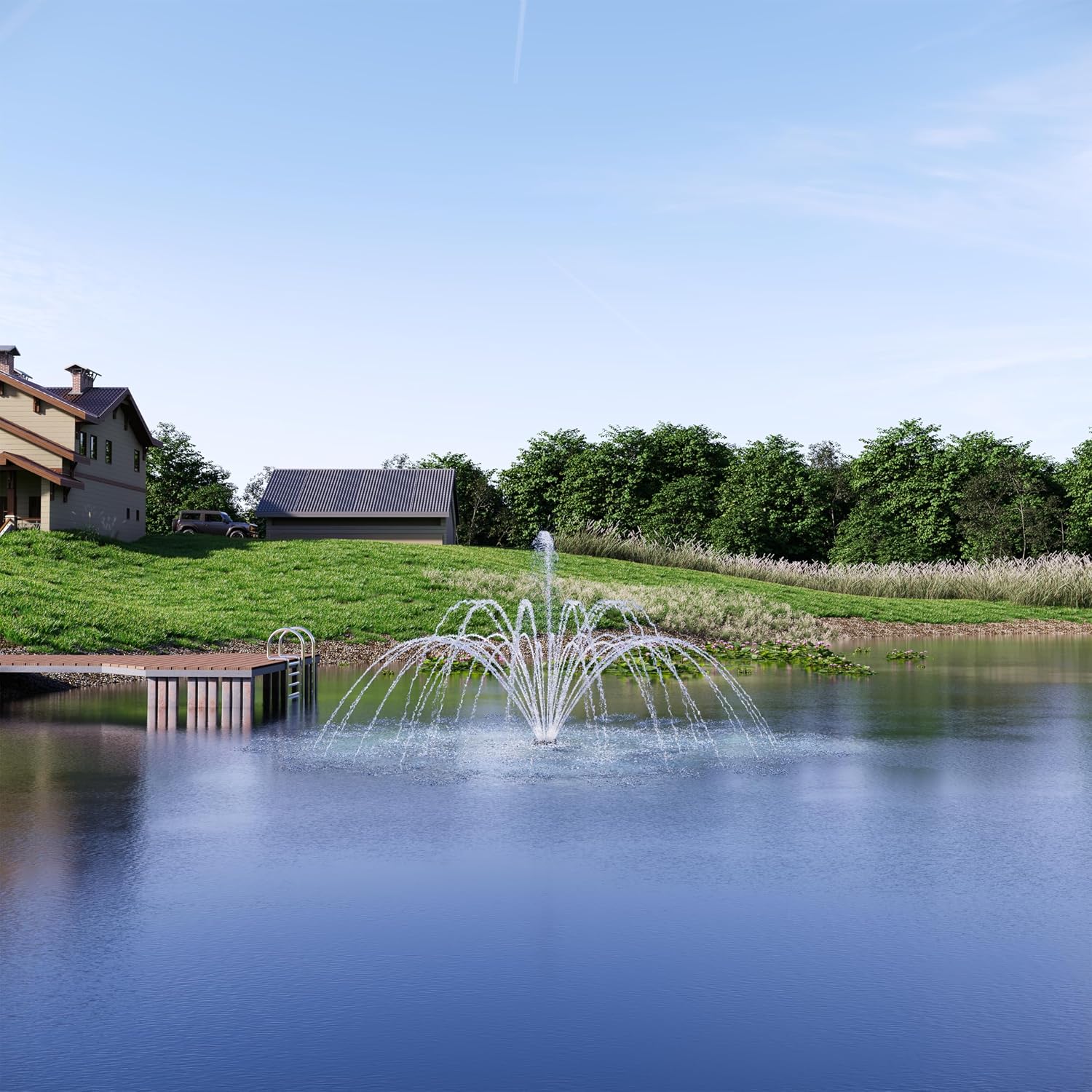 HQUA-FS01 110V, 1/2HP, OD(φ) 32' Large Pond Floating Fountain with 13000 GPH Fountain Pump, 100' Power Cord, Two Spray Patterns 32'×12' and 18'×6'