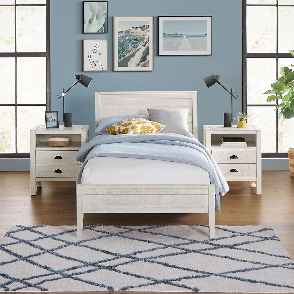 Alaterre Furniture Windsor Bed Frame with Headboard and Footboard - Solid Wood Twin Platform Bed Frame with Wood Slat Support - No Box Spring Needed, Easy Assembly (White Driftwood, Panel Headboard)
