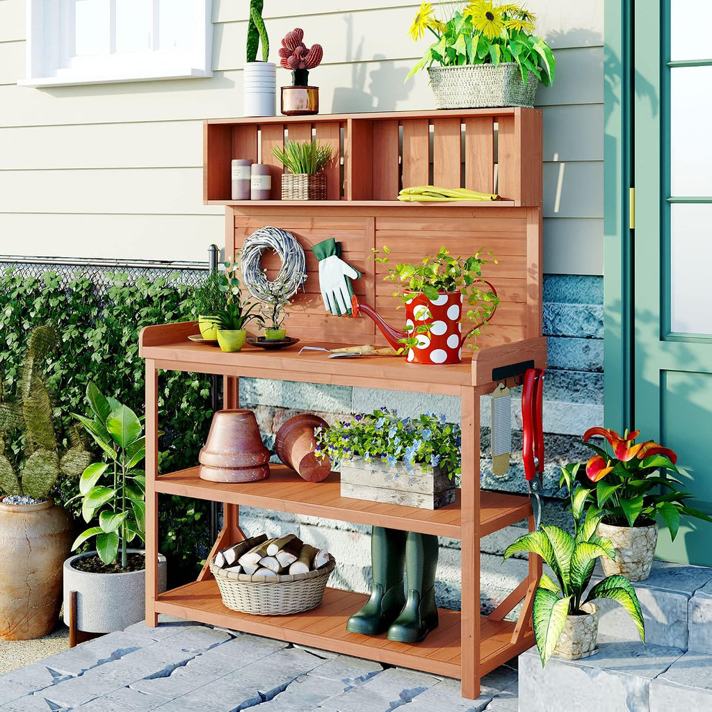 Wooden Potting Bench Table, Farmhouse Rustic Outdoor Storage Bench, Garden Work Bench with 4 Storage Shelves & Side Hook, Outdoor Gardening Table & Work Bench for Plants (Natural)