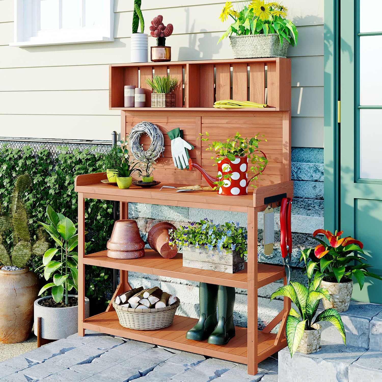 65' Wooden Potting Bench Table with Storage, Rustic Farmhouse Outdoor Garden Workstation with 4 Shelves, Side Hooks & Tool Board, Fir Wood Patio Planting Table, Natural
