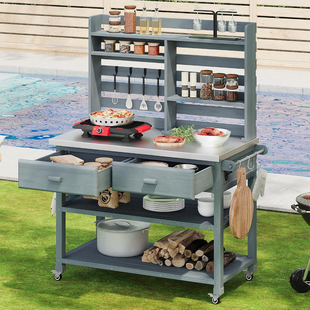 Harper & Bright Designs Outdoor Potting Bench Table, Solid Wood Kitchen Island with Drawer and Shelf, Lawn Garden, 64.9' H, Grey Blue