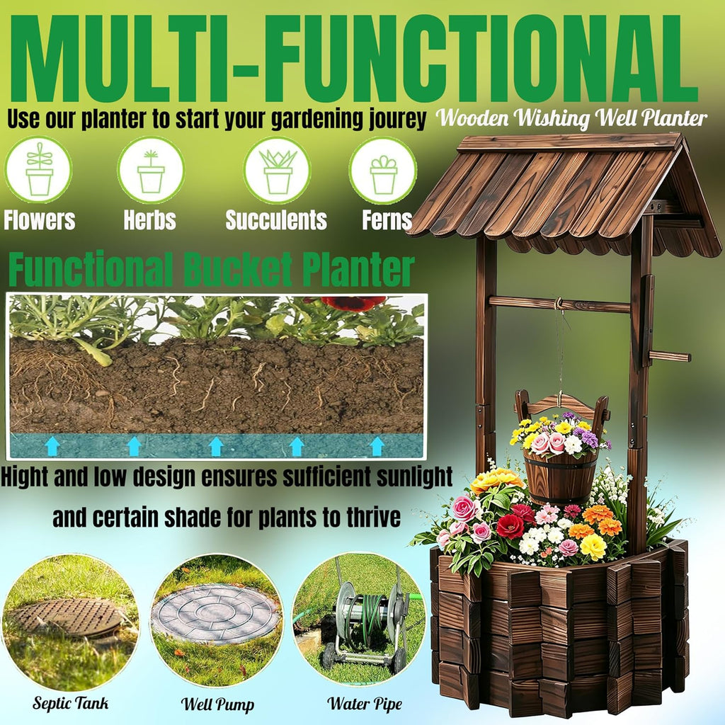 NestNature 21.75' Carbonized Wooden Wishing Well Planter for Outside, Rustic Outdoor Wishing Well with 4 Reinforced Rods & Hanging Bucket, Decorative Well Cover for Yard Garden Patio Lawn Backyard