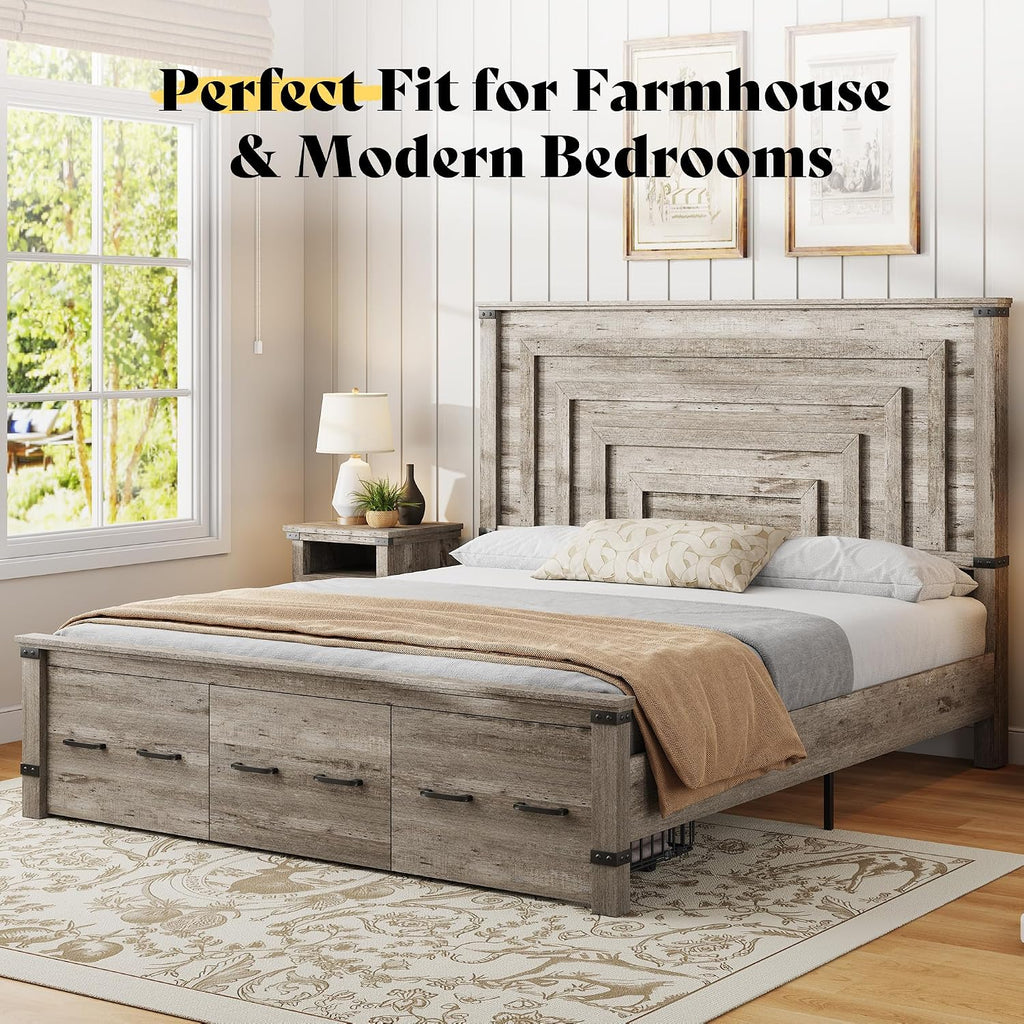 AMERLIFE King Bed Frame with 51' Tall Headboard, 3 Large Storage Drawers, Wood Platform Bed, No Box Spring Needed, Silent Frame, Easy Assembly, Farmhouse, Rustic Grey