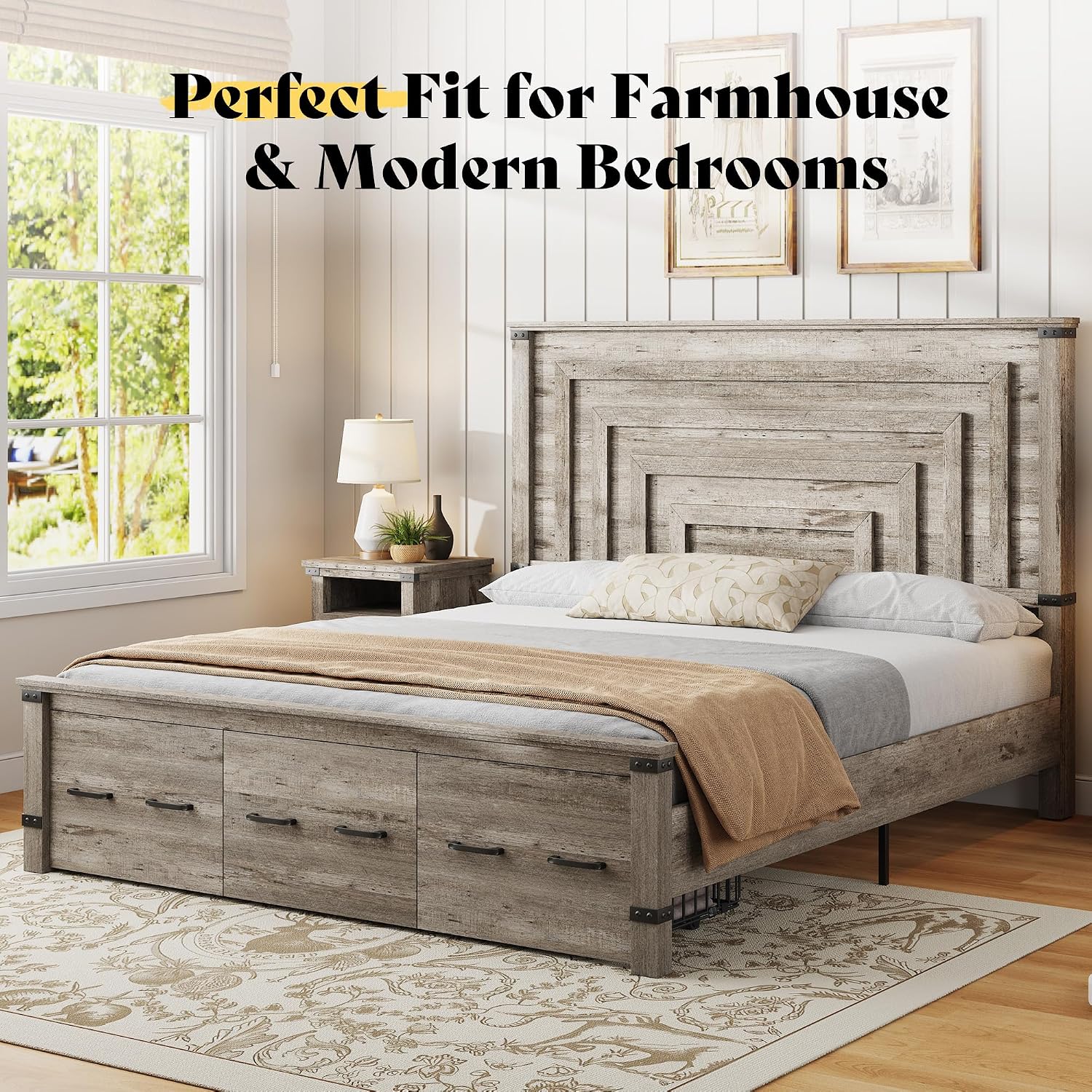 AMERLIFE King Bed Frame with 51' Tall Headboard, 3 Large Storage Drawers, Wood Platform Bed, No Box Spring Needed, Silent Frame, Easy Assembly, Farmhouse, Rustic Grey