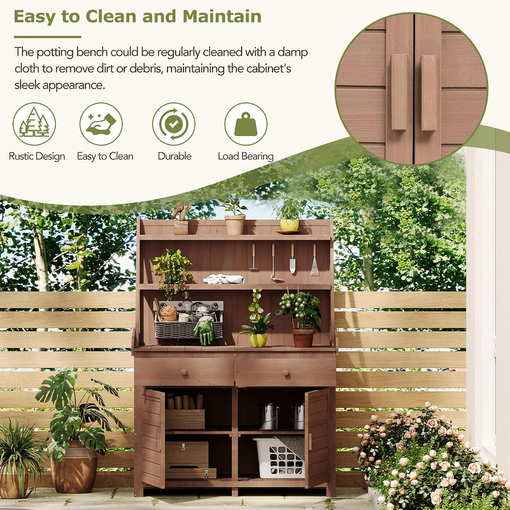 65inch Patio Potting Bench Table, Fir Wood Workstation with Storage Shelf, 2 Drawer and Cabinet,for Outdoor Garden Lawn Backyard (Brown@Drawer)