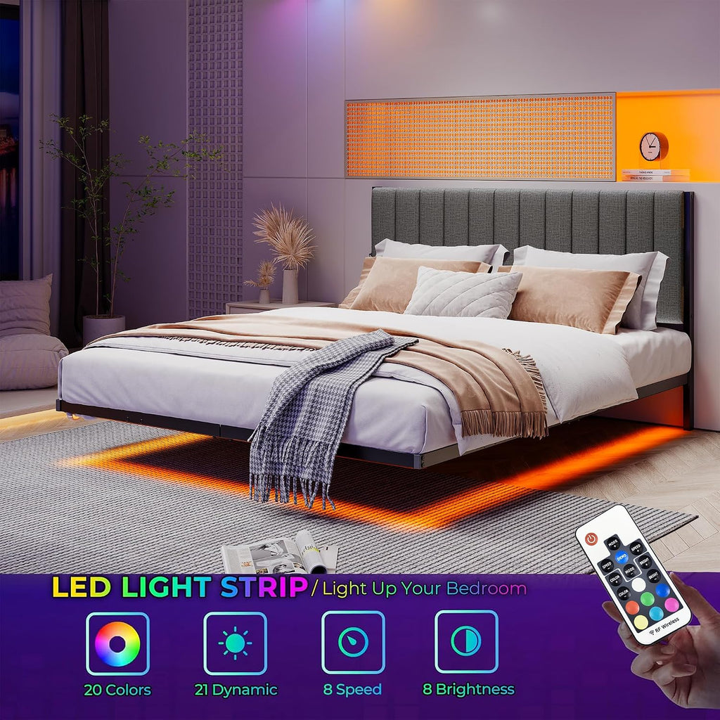 Floating Queen Bed Frame with LED Lights & Charging Station,Modern Metal Platform Bed Frame Queen Size with Upholstered Headboard,No Box Spring Needed,Heavy Duty Steel Slats,Easy Assembly,Noise Free