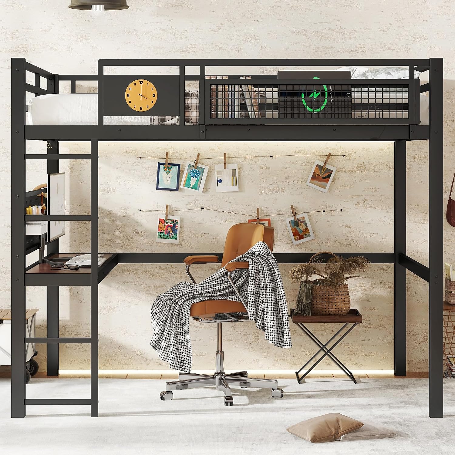 Bellemave Full Size Metal Loft Bed with Desk and Side Clock,Heavy Duty Loft Bed Frame with Charging Station and Pegboard for Kids,Teens,Adults,Full Size,Black