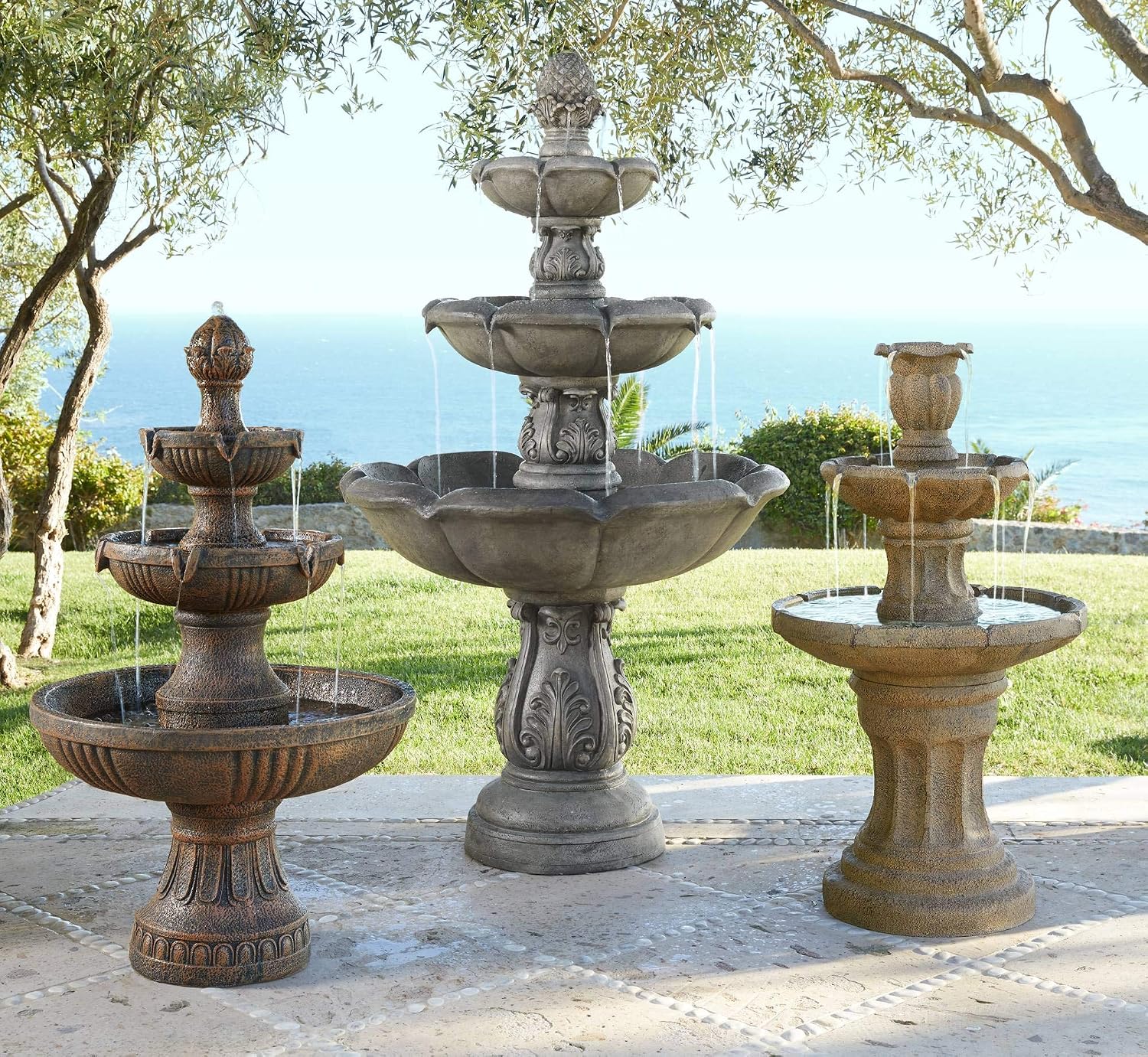 Ravenna 43' High Large Italian Indoor Outdoor Decor Faux Stone Floor Fountain Standing Waterfall 3-Tier Basin Tall Water Feature for Outside Garden Patio Yard Backyard Porch Deck - John Timberland