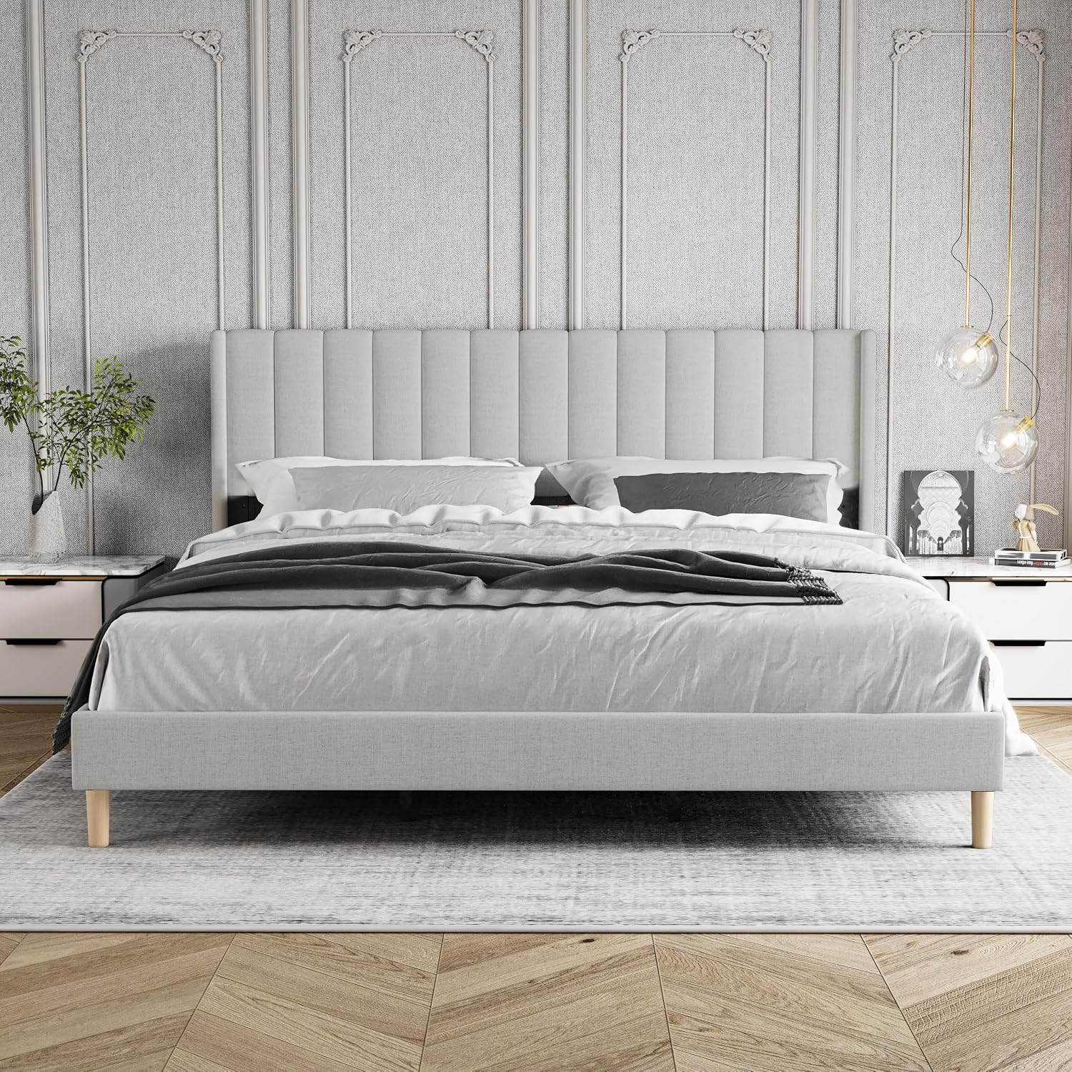 King Size Bed Frame with Headboard, Modern Upholstered Linen Platform Bed, Heavy Duty Wooden Slats Support, No Box Spring Needed, Noise-Free & Easy Assembly, Light Grey