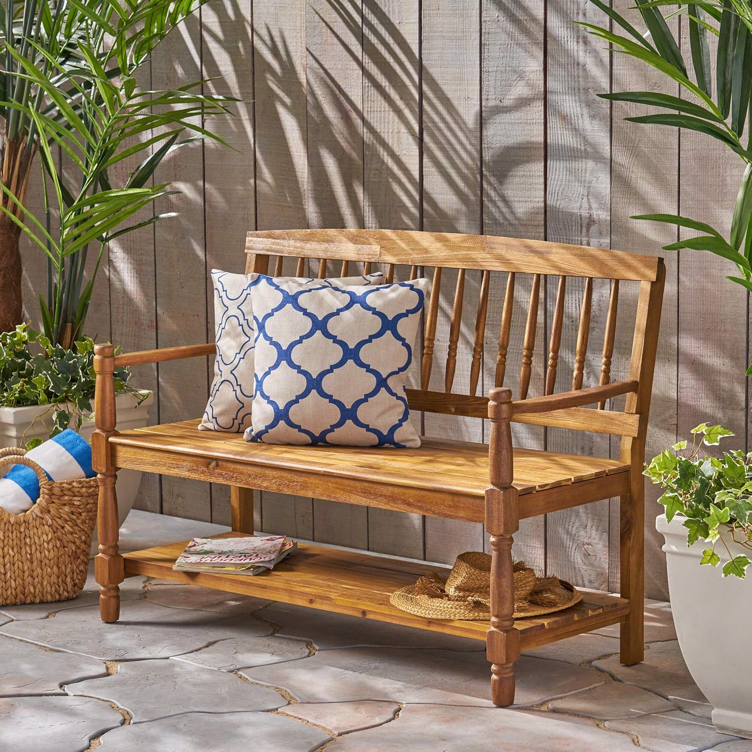 Great Deal Furniture Christopher Knight Home Cody Outdoor Acacia Wood Bench with Shelf, Teak Finish