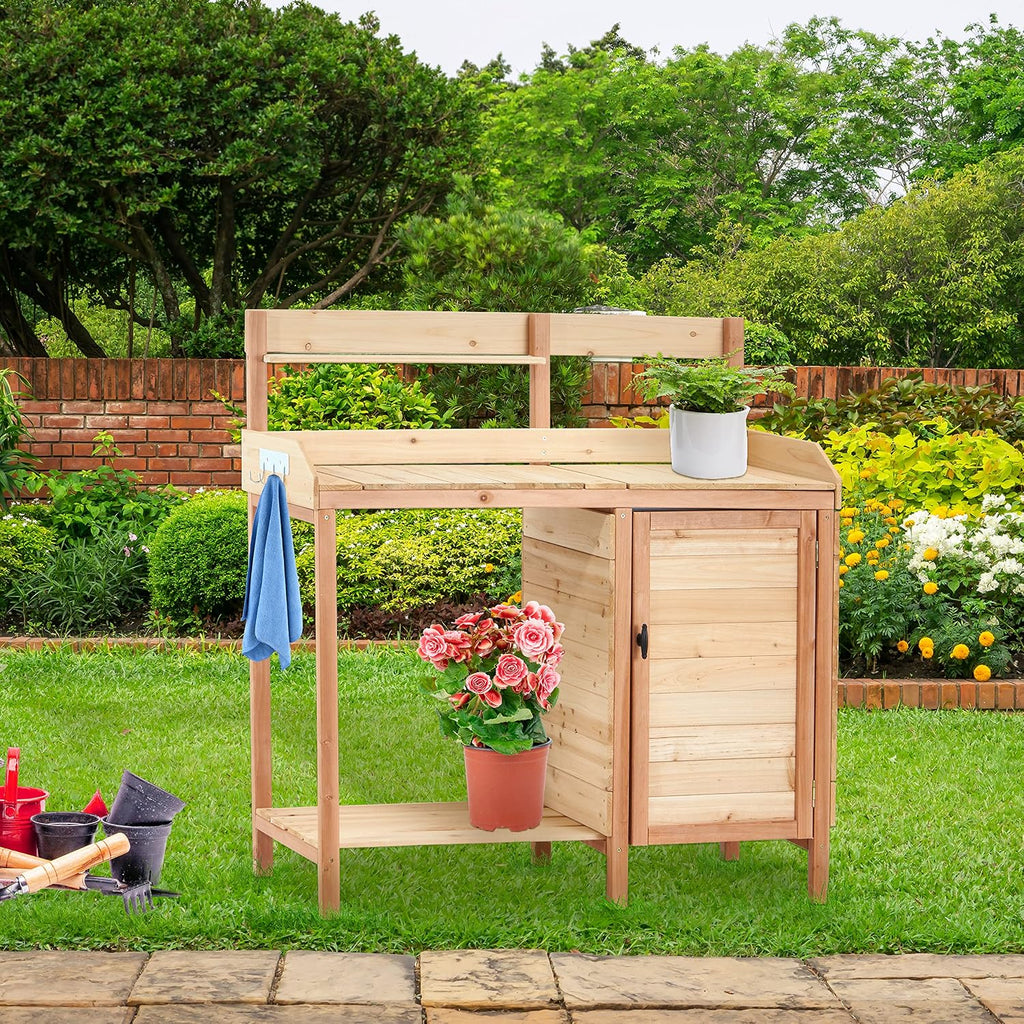 Outdoor Wooden Potting Bench with Sink & Storage – Heavy-Duty Garden Workstation Table for Patio, Lawn, Backyard Gardening