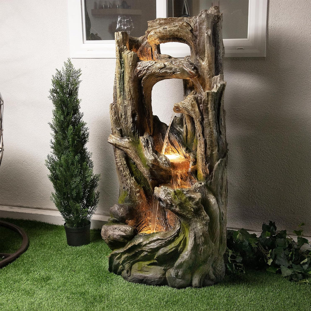 Alpine Corporation WIN1520 59' Indoor/Outdoor Floor 5-Tiered Tree Bark Water Fountain, Cascading Mossy Wood Waterfall Feature for Garden, Patio, and Yard, Brown