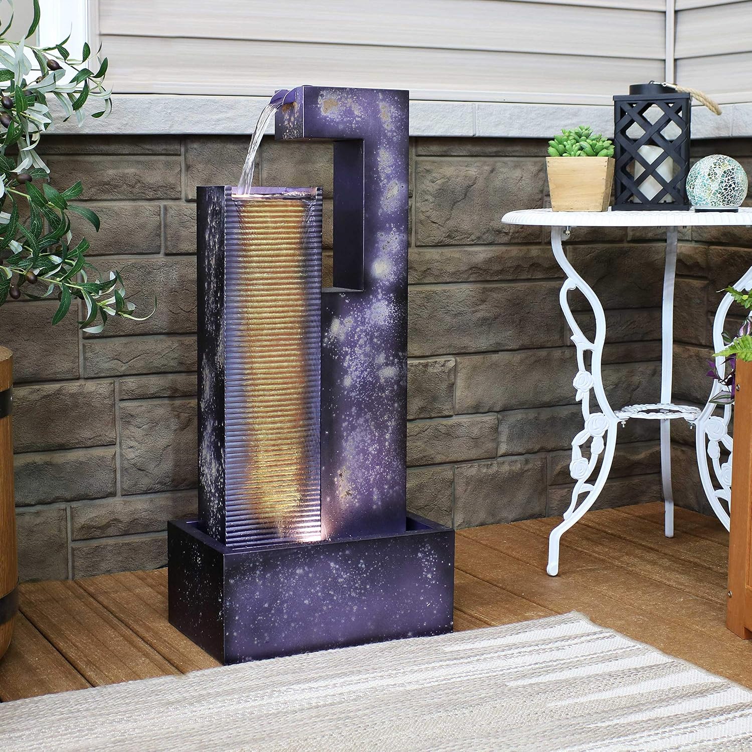 Sunnydaze Cascading Tower 32-Inch Outdoor Metal Fountain with LED Lights - Electric Submersible Pump with Adjustable Flow