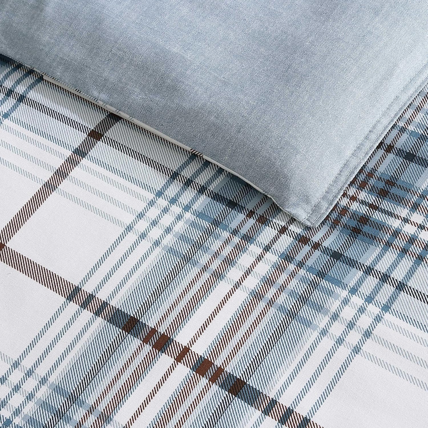 Eddie Bauer - King Comforter Set, Reversible Cotton Bedding with Matching Shams, Plaid Home Decor (Alder Blue/Grey, King)