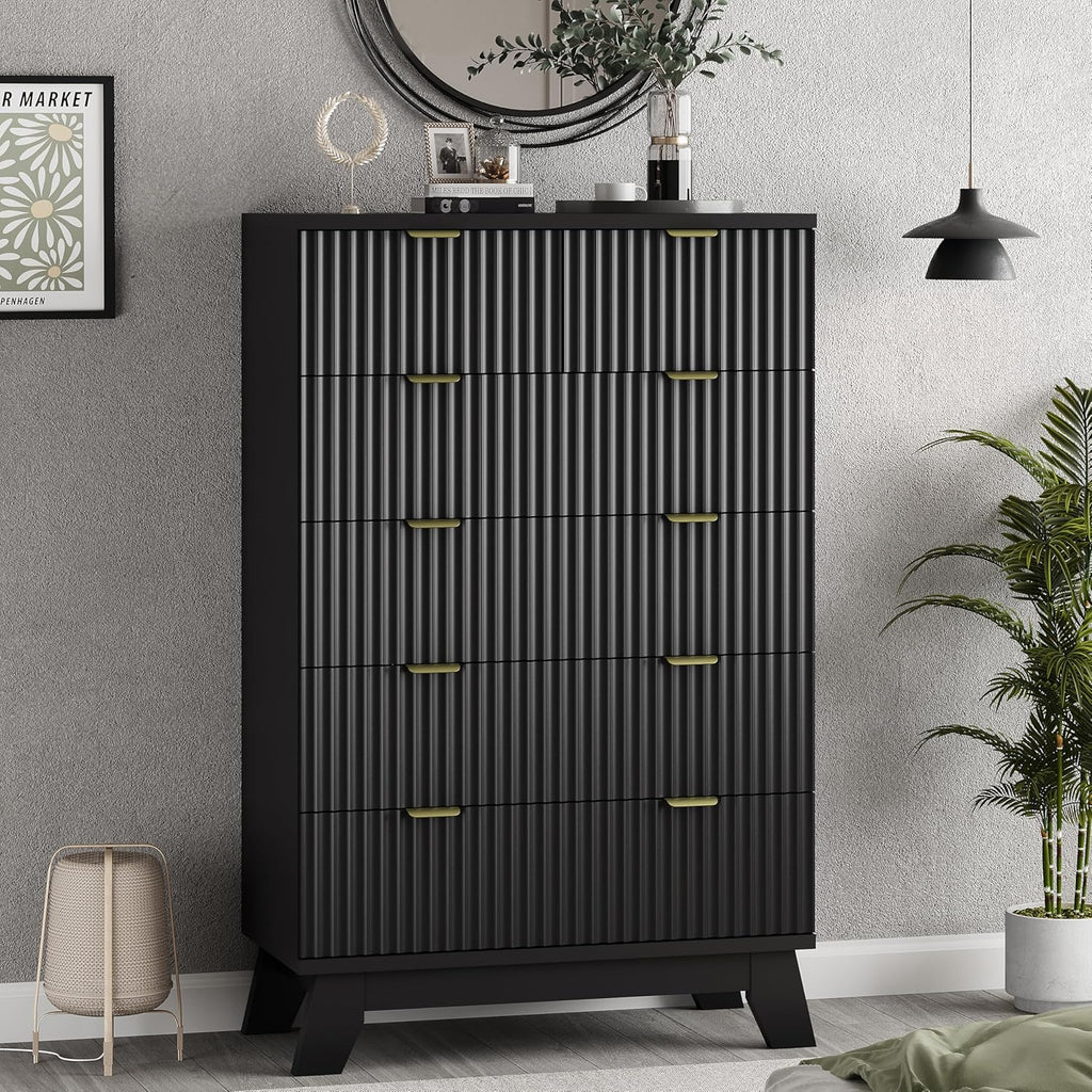 Xixini Fluted Dresser for Bedroom with 6 Drawers, 46' Tall Modern Chest of Drawers with Metal Handle, Wooden Dresser TV Stand, Wood Closet Clothes Storage Organizer for Living Room, Hallway, Black