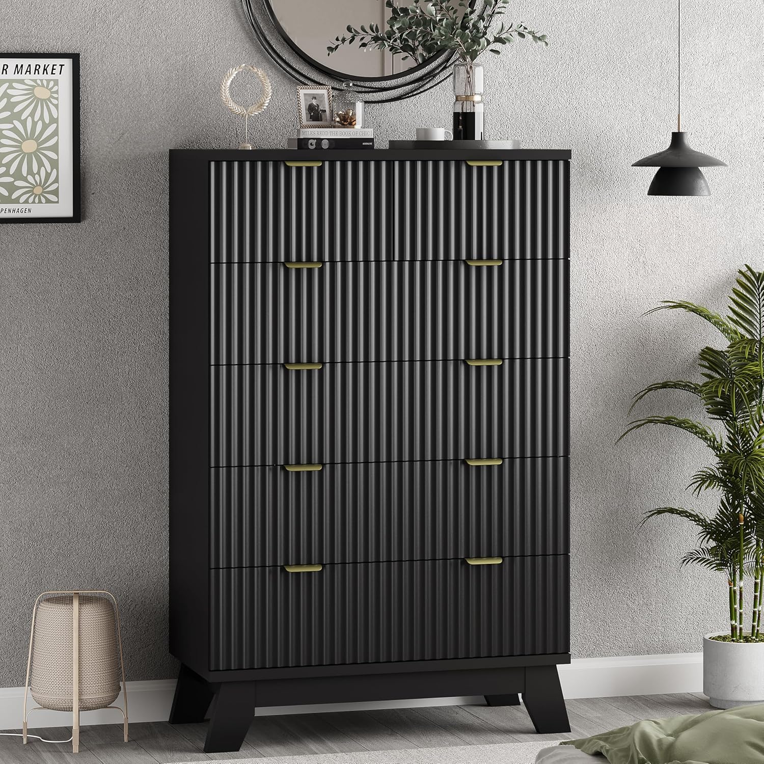 Xixini Fluted Dresser for Bedroom with 6 Drawers, 46' Tall Modern Chest of Drawers with Metal Handle, Wooden Dresser TV Stand, Wood Closet Clothes Storage Organizer for Living Room, Hallway, Black