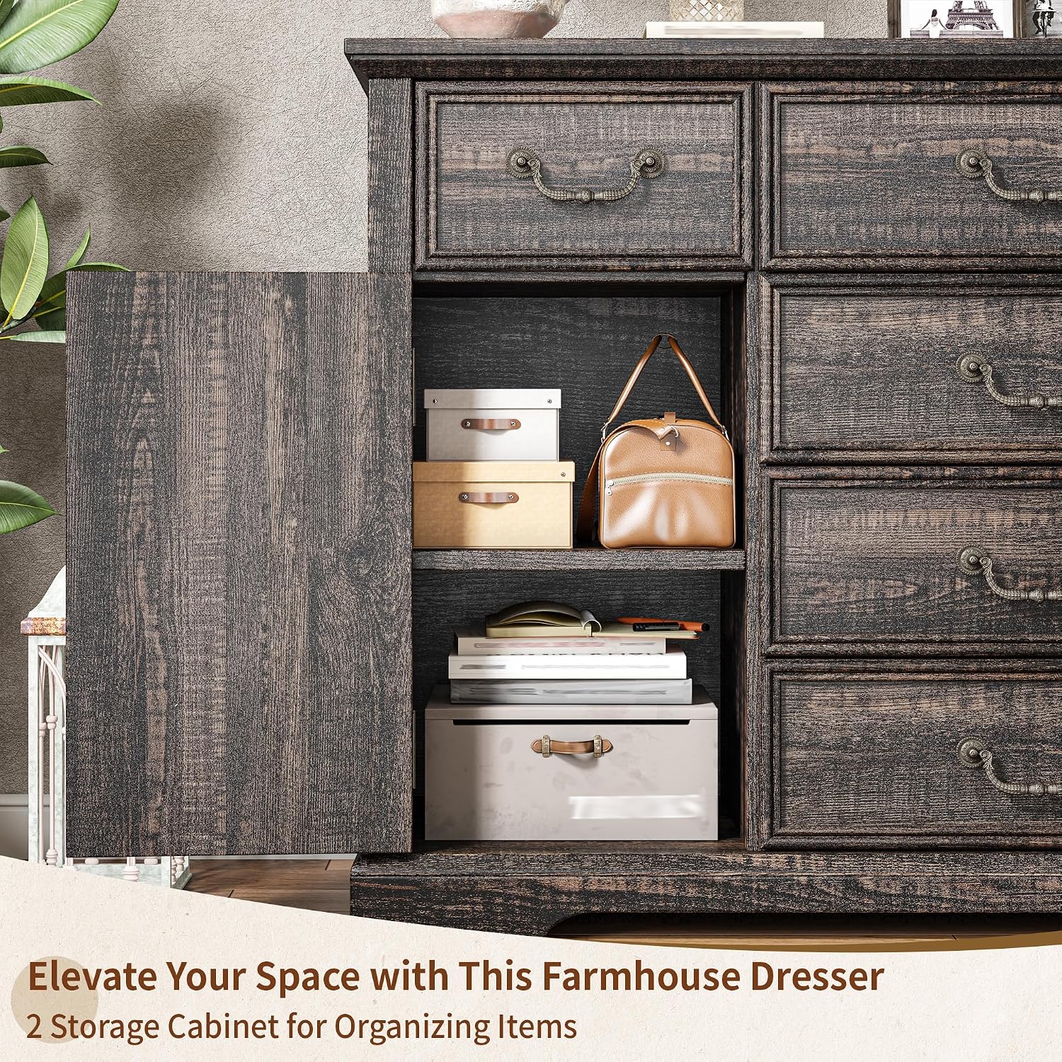 Homkdom Farmhouse Dresser – 6 Drawers & 2 Doors for Bedroom Storage Dresser Sturdy Build & Smooth Silent Slides，Dark Rustic Oak