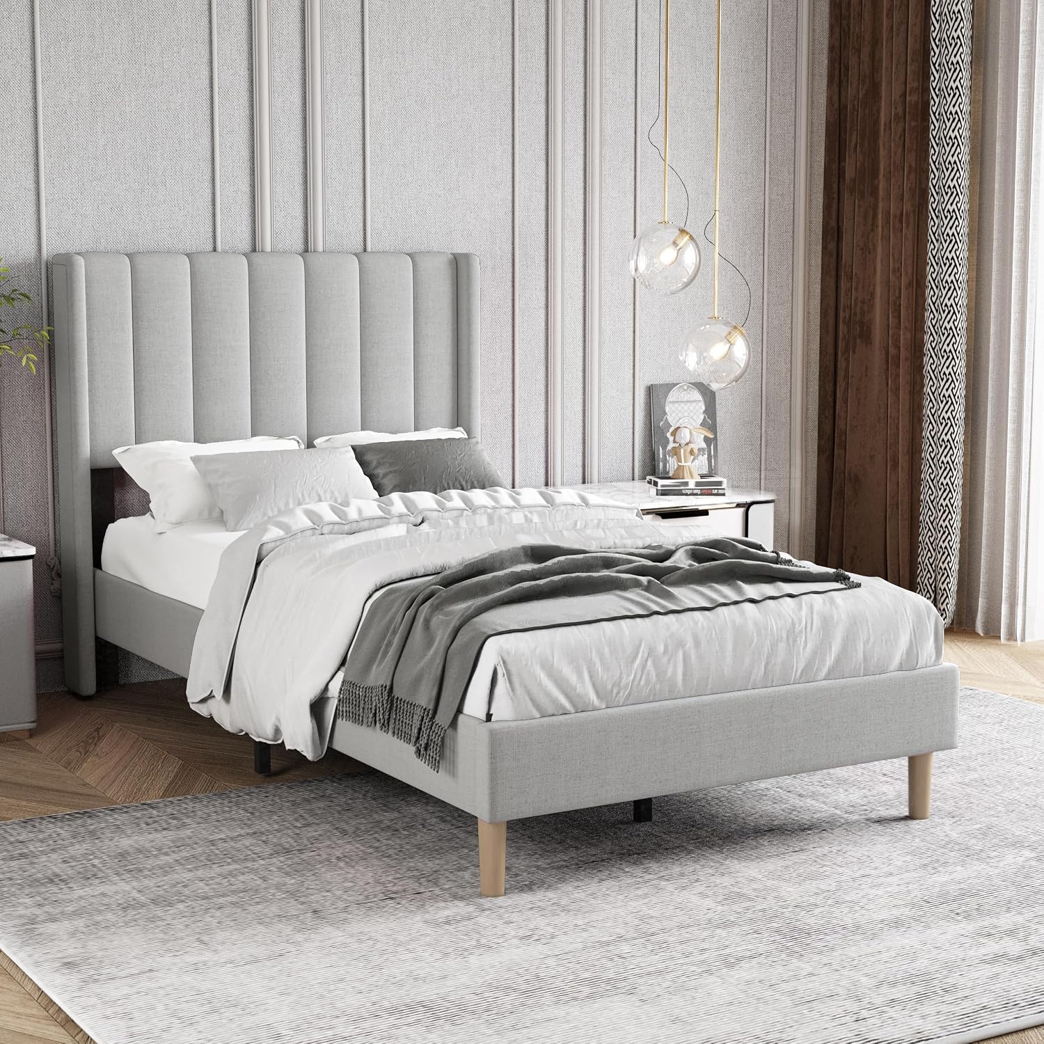 Twin Size Bed Frame with Headboard, Modern Upholstered Linen Platform Bed, Heavy Duty Wooden Slats Support, No Box Spring Needed, Noise-Free & Easy Assembly, Light Grey