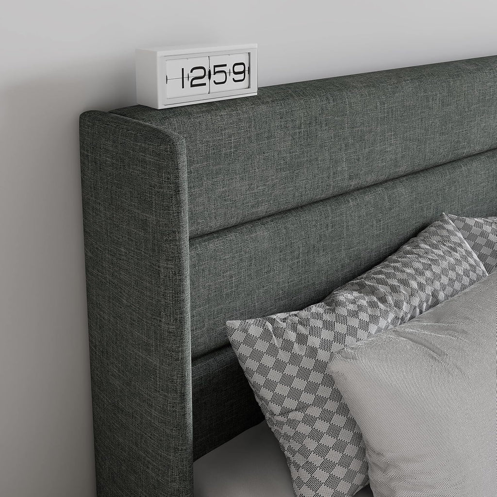SHA CERLIN Queen Size Lift Up Storage Bed/Modern Wingback Headboard/Upholstered Platform Bed Frame/Hydraulic Storage/No Box Spring Needed/Wood Slats Support/Dark Grey