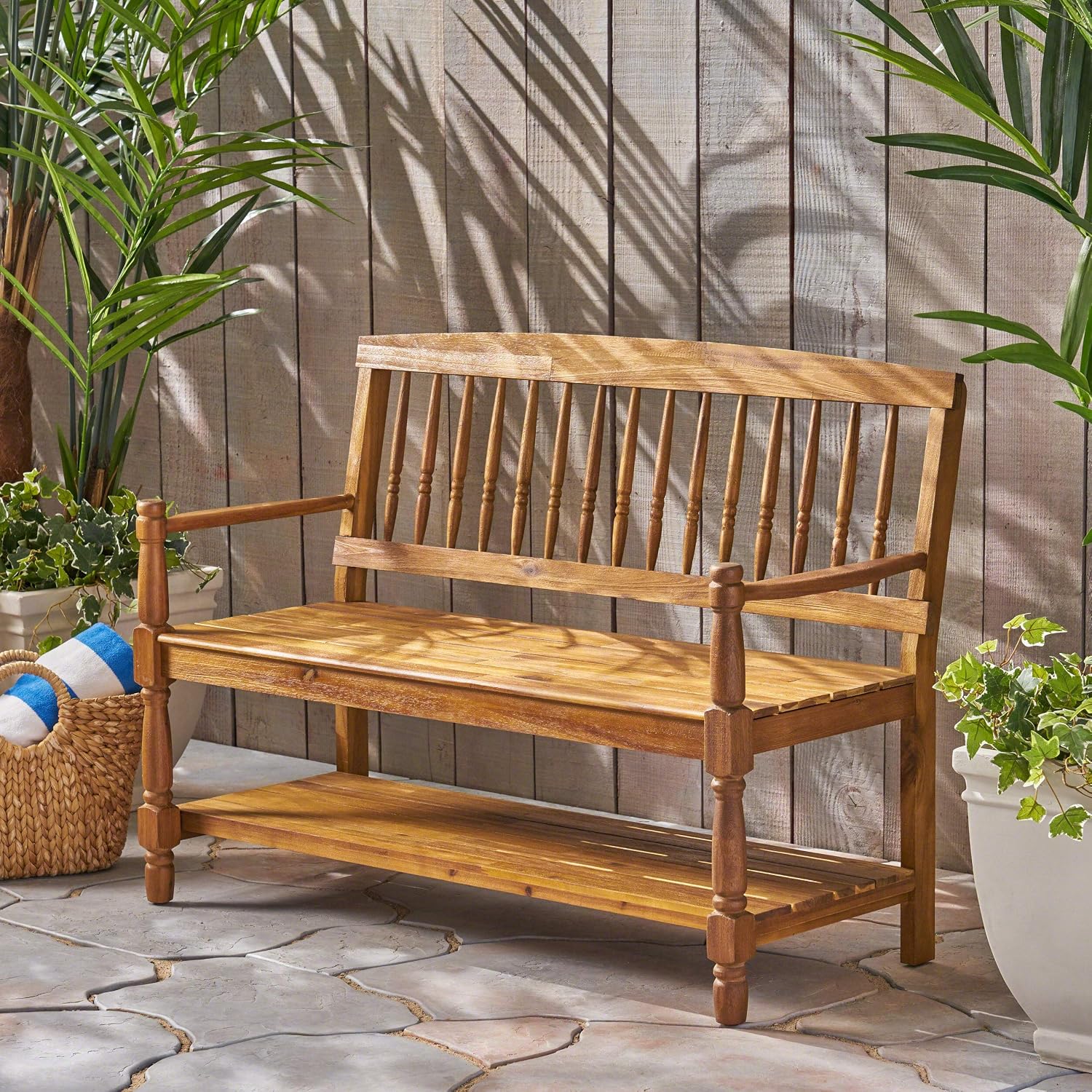 Great Deal Furniture Christopher Knight Home Cody Outdoor Acacia Wood Bench with Shelf, Teak Finish