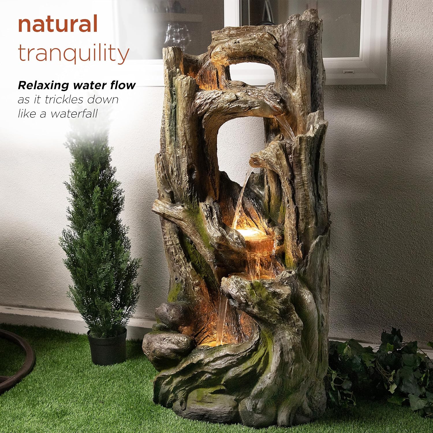 Alpine Corporation WIN1520 59' Indoor/Outdoor Floor 5-Tiered Tree Bark Water Fountain, Cascading Mossy Wood Waterfall Feature for Garden, Patio, and Yard, Brown