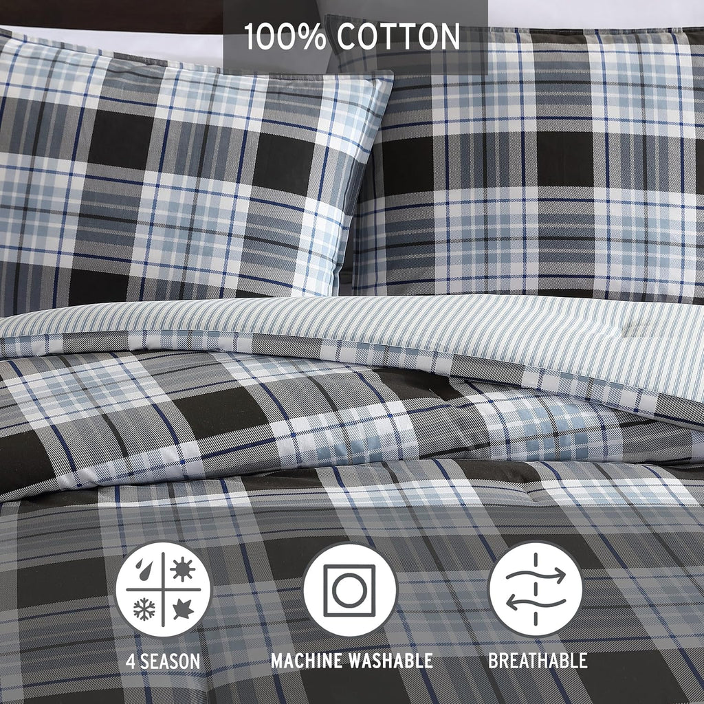 Eddie Bauer - Queen Comforter Set, Cotton Reversible Bedding with Matching Shams, Stylish Home Decor (Lewis Navy, Queen)