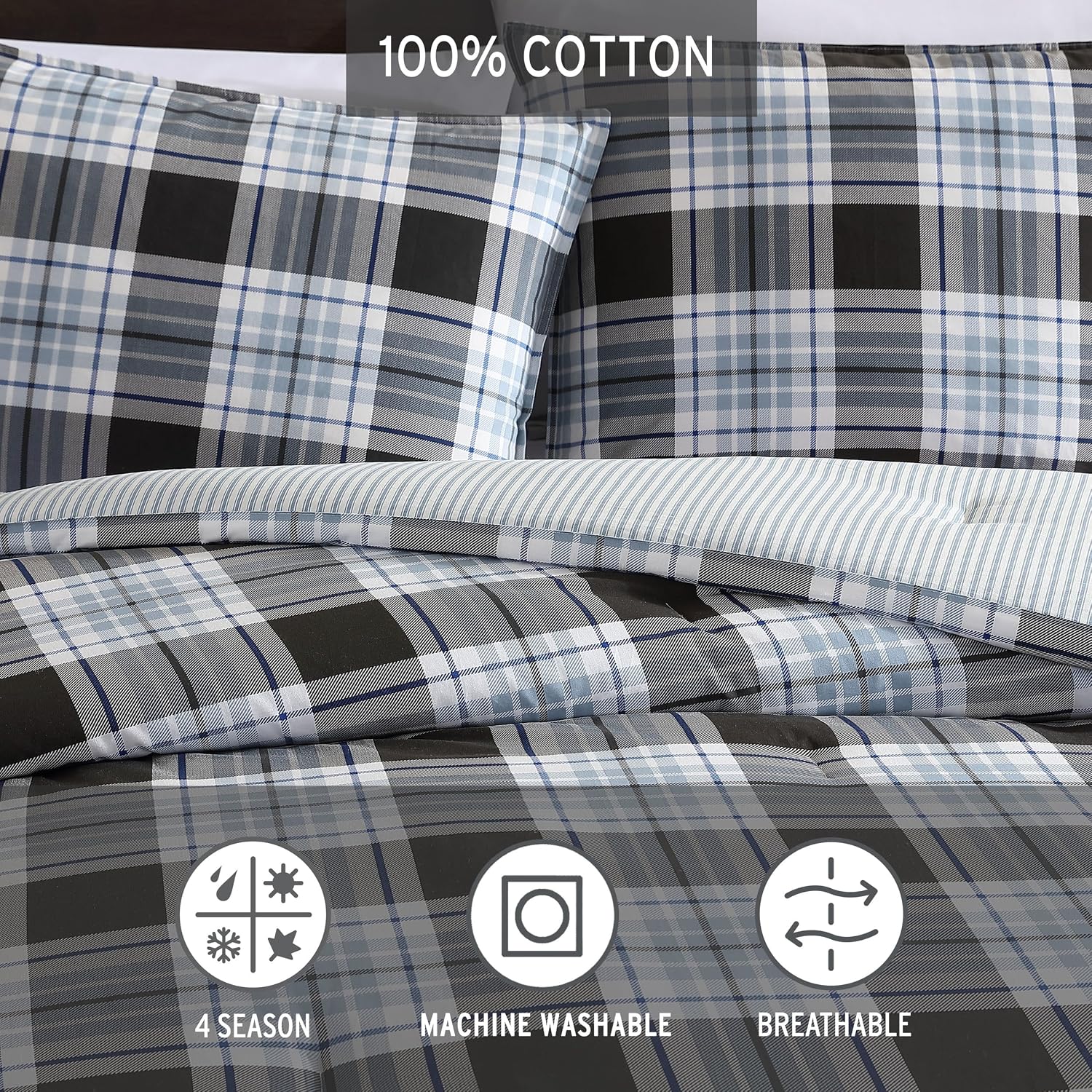 Eddie Bauer - Queen Comforter Set, Cotton Reversible Bedding with Matching Shams, Stylish Home Decor (Lewis Navy, Queen)