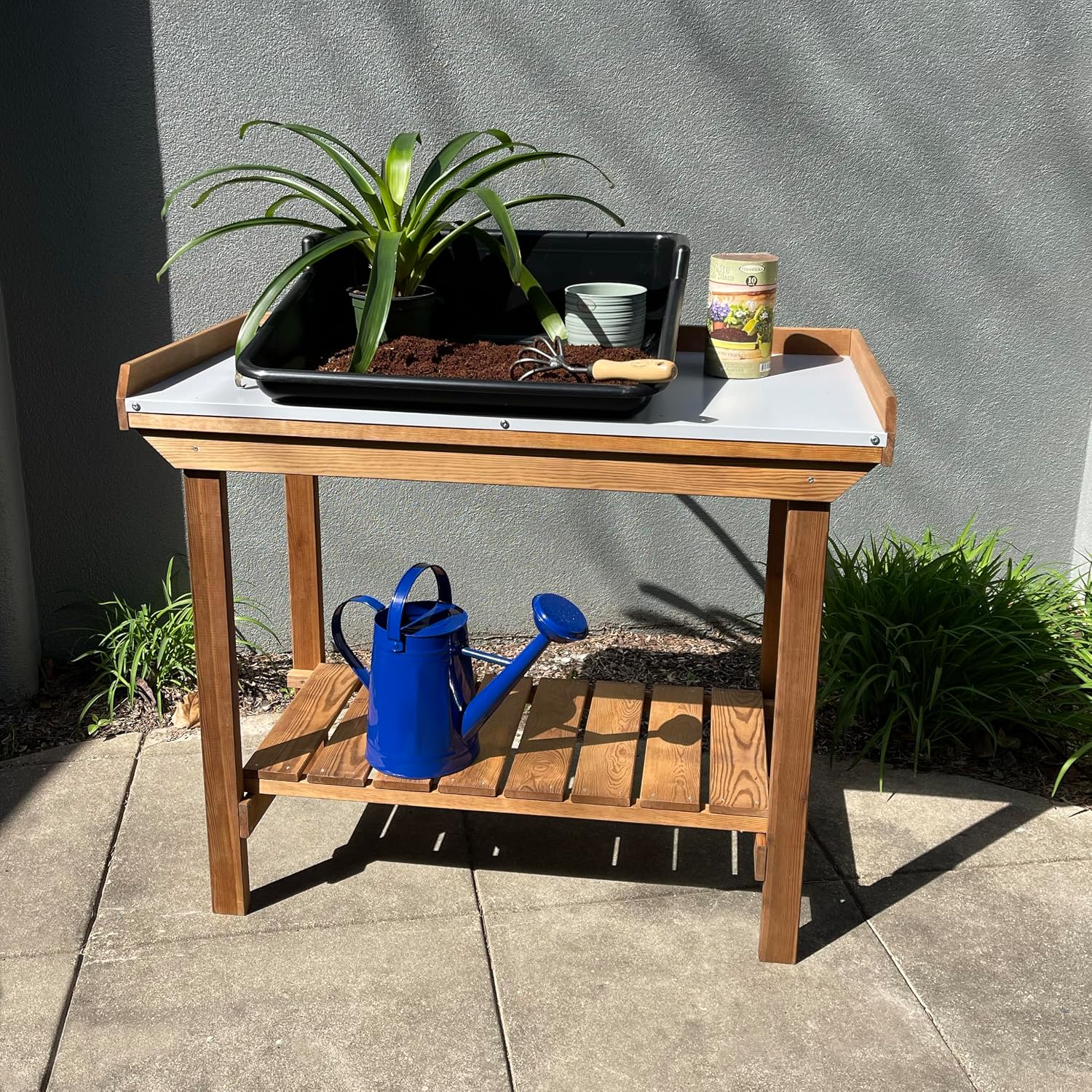 Gardeners Table with Tin Surface – Outdoor Potting Table with Metal Top, Gardening Workstation for Planting, Potting & Yard Tasks