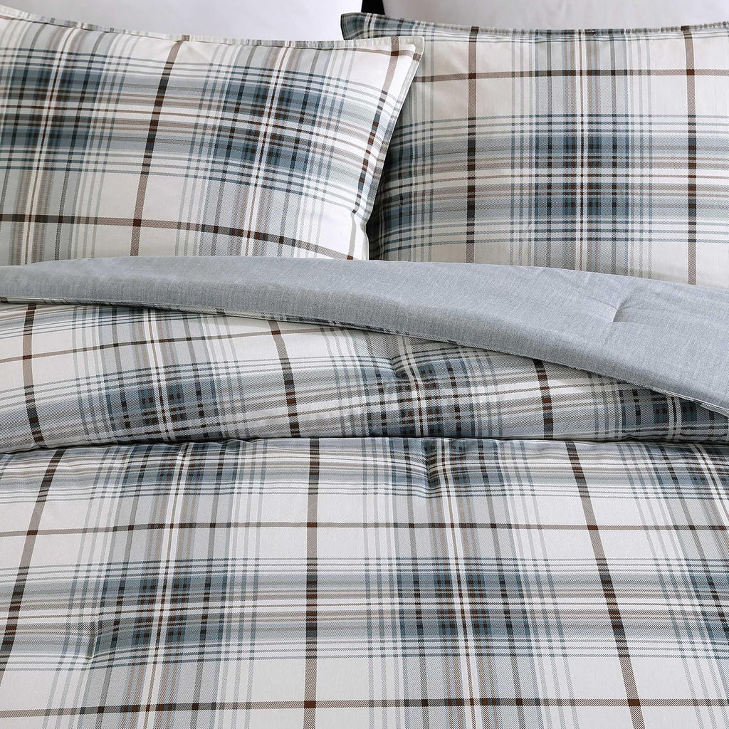 Eddie Bauer - King Comforter Set, Reversible Cotton Bedding with Matching Shams, Plaid Home Decor (Alder Blue/Grey, King)