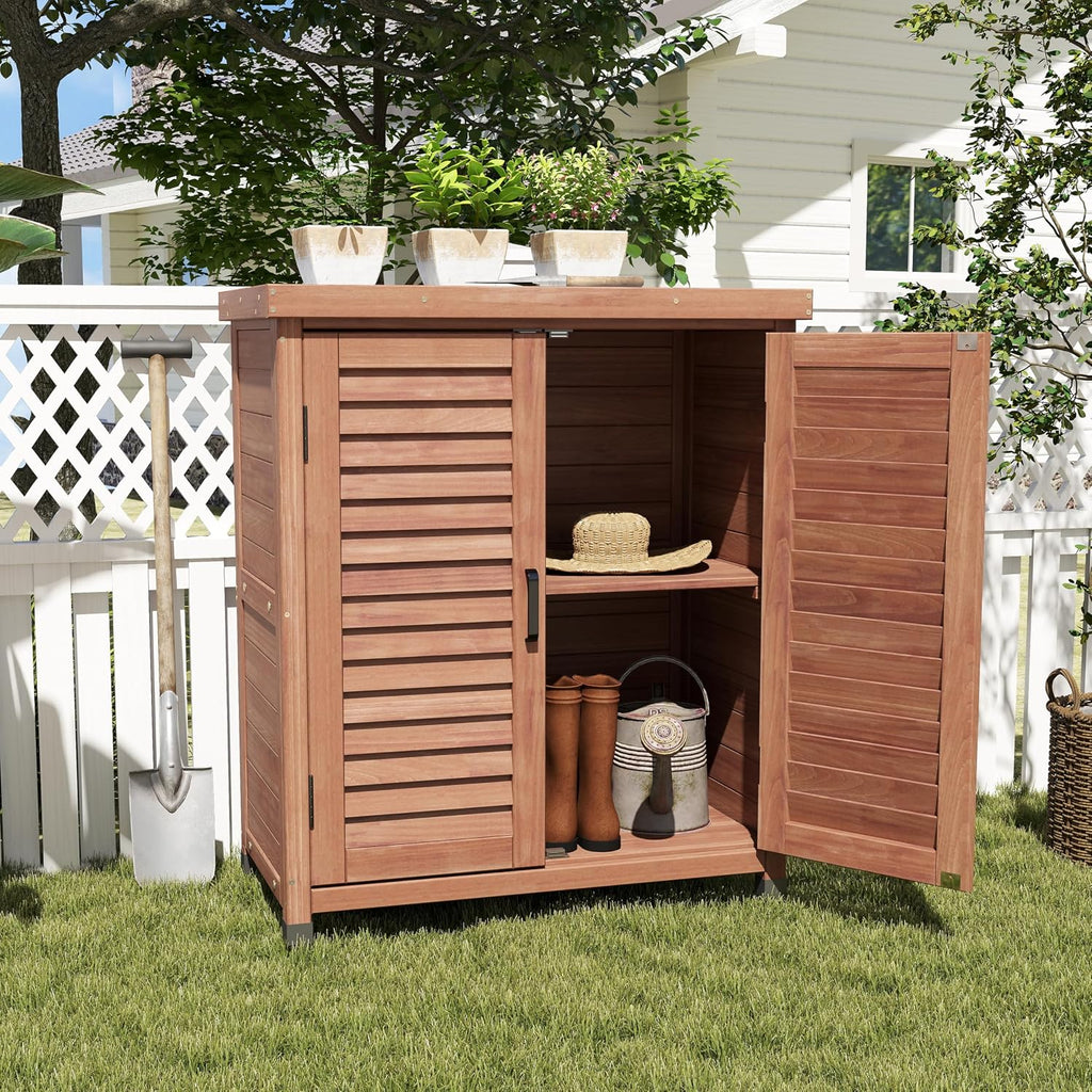 Potting Bench with Storage Cabinet and Metal Table Top for Outdoor Patio, GFurniture Wood Workstation Coffee 31.5x17x36''