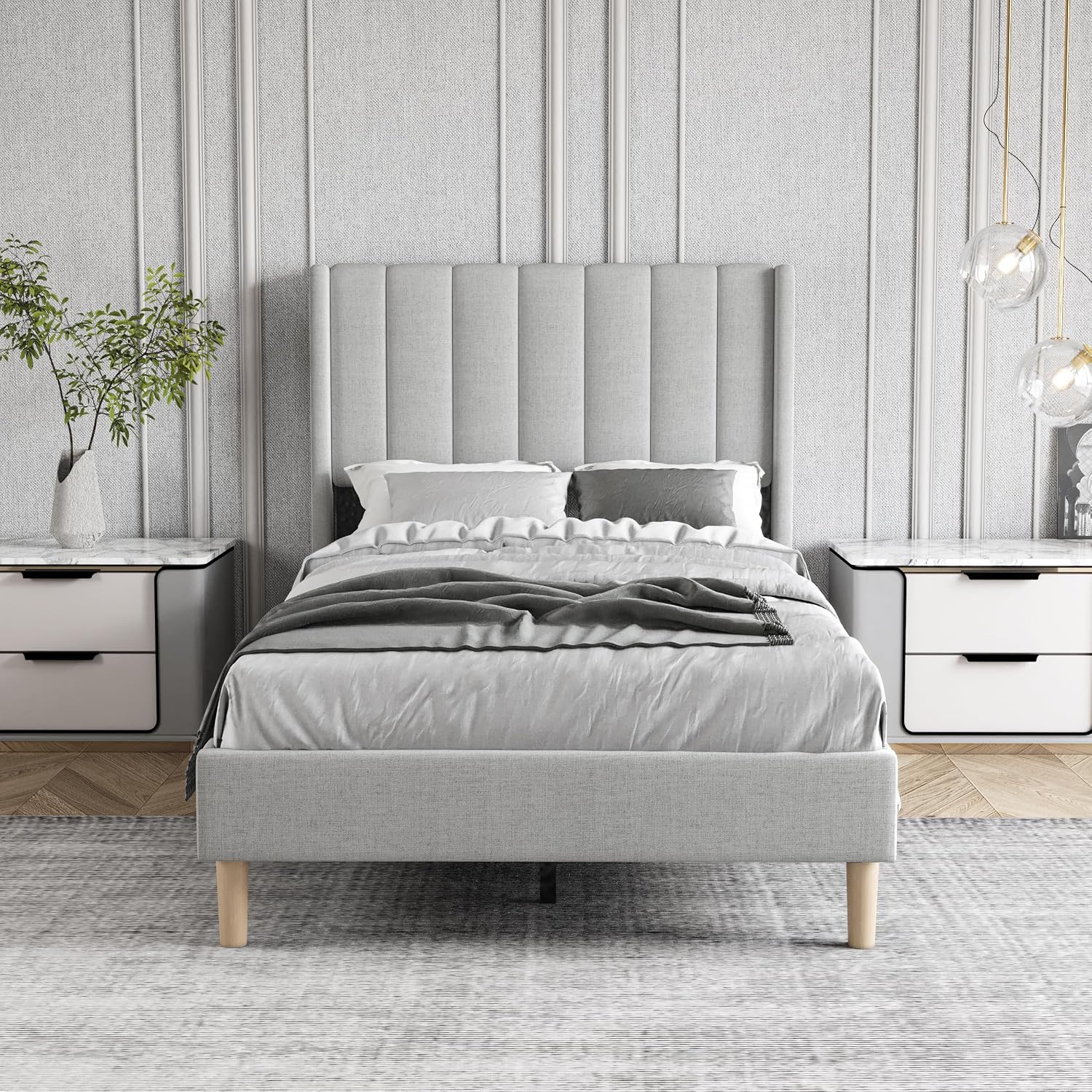 Twin Size Bed Frame with Headboard, Modern Upholstered Linen Platform Bed, Heavy Duty Wooden Slats Support, No Box Spring Needed, Noise-Free & Easy Assembly, Light Grey