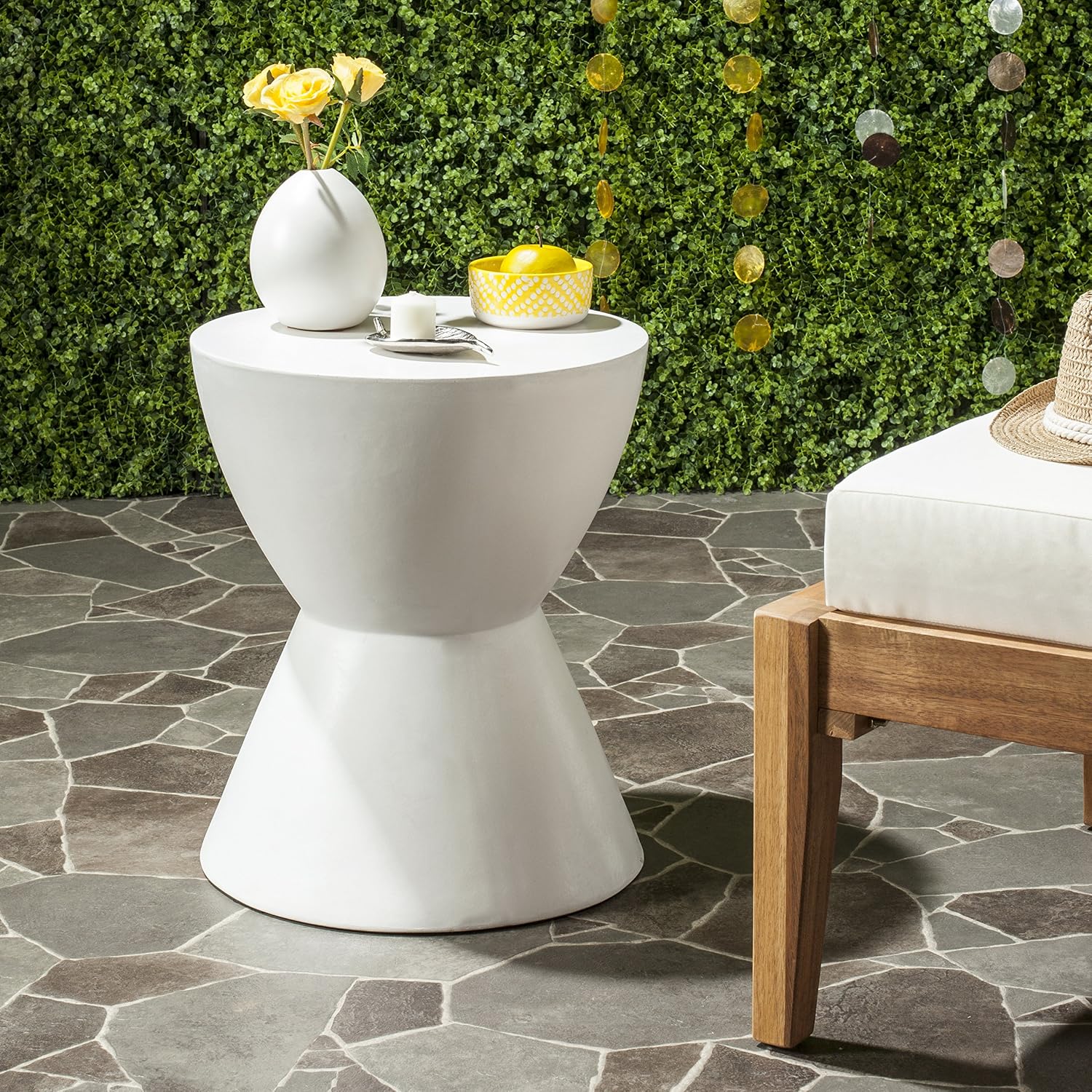 SAFAVIEH Outdoor - Athena Accent Stool - Ivory Concrete - Sculptural Drum Design - Ideal for Living Room, Patio, Deck, Sunroom, 14.9'W x 14.9'D x 17.7'H (VNN1011B)