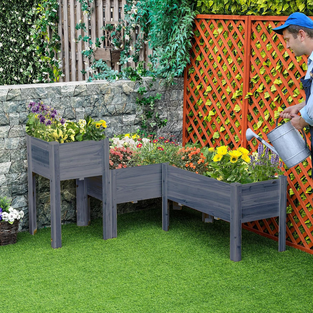 Outsunny Raised Garden Bed Set of 3, Wooden Elevated Planter Box with Legs and Bed Liner, for Backyard and Patio to Grow Vegetables, Herbs, and Flowers, Gray